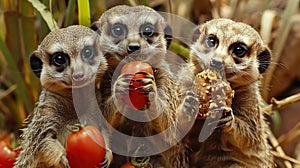 Marvellous merry meerkats munching on mouthwatering morsels. Generative Ai