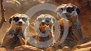 Marvellous merry meerkats munching on mouthwatering morsels. Generative Ai