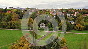 Marvelous aerial view flight drone. Weimar Goethe garden House autumn landscape