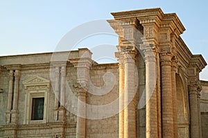 Marvelous Facade and the Side Arch of the Basilica Cathedral of Arequipa, Historical site in Peru