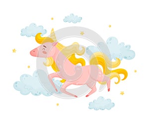 Marvelous Pink Unicorn Galloping In The Clouds Vector Illustration