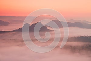 Marvelous red daybreak. Misty daybreak in a beautiful hills. Peaks of hills are sticking out from foggy background, the fog is red