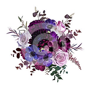 Marvelous violet, purple and burgundy anemone, dusty mauve and lilac rose, dark dahlia