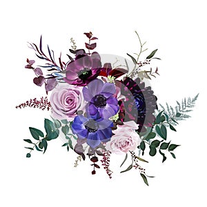 Marvelous violet, purple and burgundy anemone, dusty mauve and lilac rose, dark dahlia