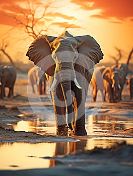 Marvels of the Savannah: Majestic Elephants Roaming Under a Fier photo