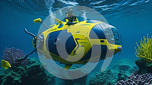 the marvels of underwater exploration with a captivating and realistic image that showcases Autonomous Underwater Drones in action