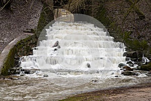 MarvelÄ— River Valley and Cascades.  Water cascade, slow motion. Kaunas city, lithuania.