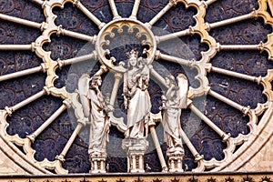 Mary Angels Facade Rose Window Notre Dame Cathedral Paris France