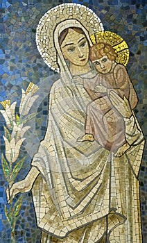 Mary with baby Jesus on her arm mosaic