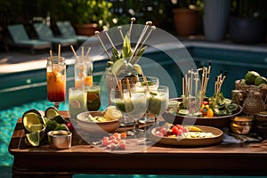 mary bar setup with various garnishes near pool