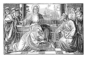 Sinful Woman Mary of Bethany Washing and Kissing Jesus Feet in House of Simon. Bible, New testament, Luke 7. Vintage
