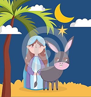 Mary and donkey night palm moon manger nativity, merry christmas