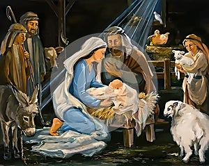 Mary and Joseph with the baby in the stable. Birth of Jesus Christ