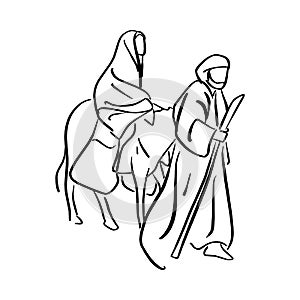 Mary and Joseph in the dessert with a donkey on Christmas Eve se