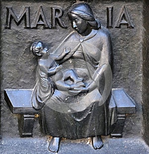 Mary, the mother of the Lord, relief on the door of the Grossmunster church in Zurich