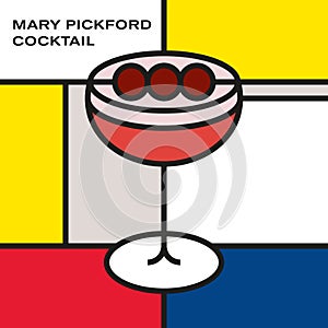 Mary Pickford cocktail in champagne coupe, garnish with maraschino cherry. Modern style art with rectangular color blocks.