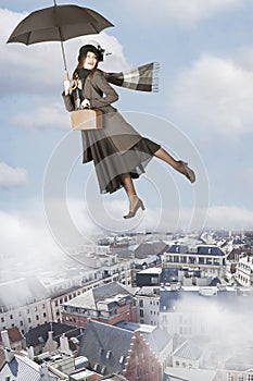 Mary Poppins flies over the city