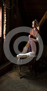 Mary sits in the stable near the manger with the baby