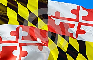 Maryland flag. 3D Waving USA state flag design. The national US symbol of Maryland state, 3D rendering. National colors and