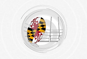 Maryland flag on rugby ball, lined circle rugby icon with ball in a crowded stadium