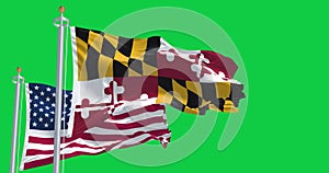 Maryland flag waving in the wind with the american national flag on green screen