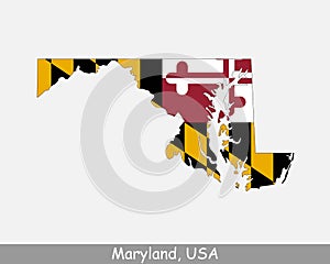 Maryland Map Flag. Map of MD, USA with the state flag isolated on white background. United States, America, American, United State