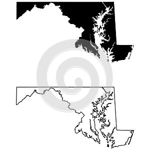 Maryland MD state Map USA with Capital City Star at Annapolis. Black silhouette and outline isolated on a white background. EPS