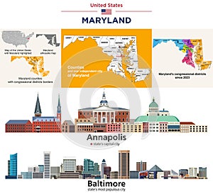 Maryland\'s counties map and congressional districts since 2023 map. Annapolis and Baltimore skylines