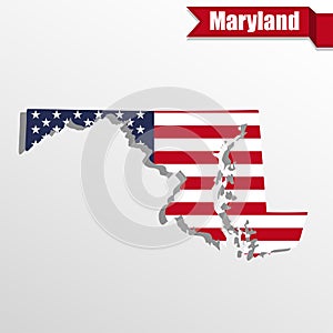 Maryland State map with US flag inside and ribbon