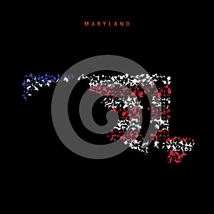 Maryland US state flag map, chaotic particles pattern in the american flag colors. Vector illustration