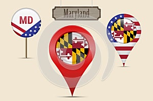 Maryland US state round flag. Map pin, red map marker, location pointer. Hanging wood sign. Vector illustration