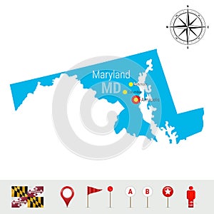 Maryland Vector Map Isolated on White Background. High Detailed Silhouette of Maryland State. Official Flag of Maryland