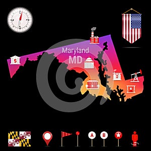 Maryland Vector Map, Night View. Compass Icon, Map Navigation Elements. Pennant Flag of the USA. Industries Icons