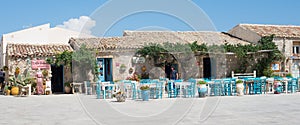 Marzamemi, Sicily, Italy Ã¢â¬â August 21, 2018 : characteristic restaurant in an ancient fishing village