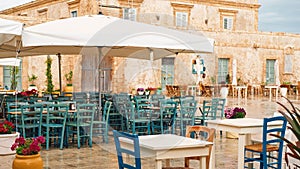 Marzamemi typical restaurant outdoor in the square of Sicily