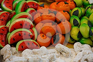 Marzipan fruits for sale in bakery