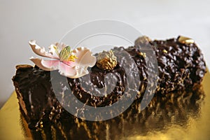 Marzipan pink flower on a homemade chocolate cake roll