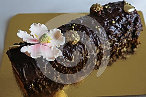 Marzipan pink flower on a homemade chocolate cake roll