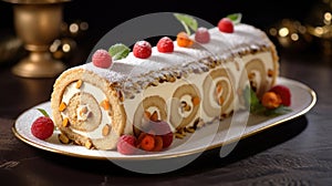 Marzipan roulade decorated with fresh berries. Sweet dessert for tea