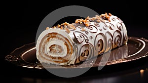 Marzipan roulade decorated with nuts. Sweet dessert for tea