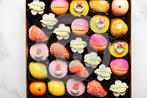 Marzipan sweets as fruits