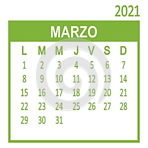 Marzo March. Third page of set. Calendar 2020, template. Week starts from Lunes Monday. Vector photo