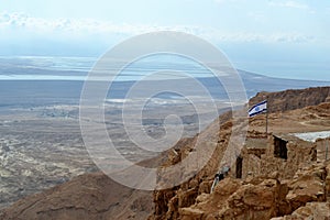 Masada - ancient fortification, desert fortress of Herod in Judean desert, view of dead sea, Israel