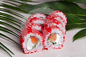 Masago Sushi roll Orange red Philadelphia cheese, salmon, green onion still life on trapicheskih Cunha leaves Japanese