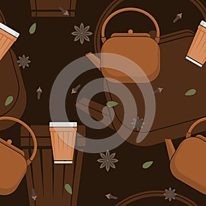 Masala Chai with Kettle Vector Illustration With Dark Background Seamless Pattern