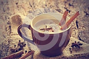 Masala chai tea with spices and star Anise, cinnamon stick, peppercorn