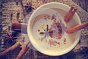 Masala chai tea with spices and star Anise, cinnamon stick, peppercorns