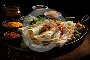 Masala dosa with garnish on a plate dark background photo