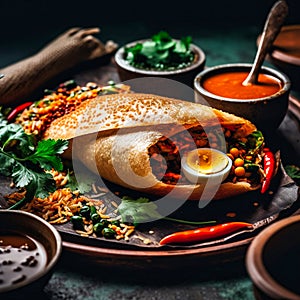 masala dosa with sambar, mint coconut chutney and coconut chutney, a south Indian breakfast