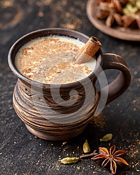 Masala pulled tea chai latte delicious hot Indian sweet milk spiced drink, ginger, fresh spices beverage